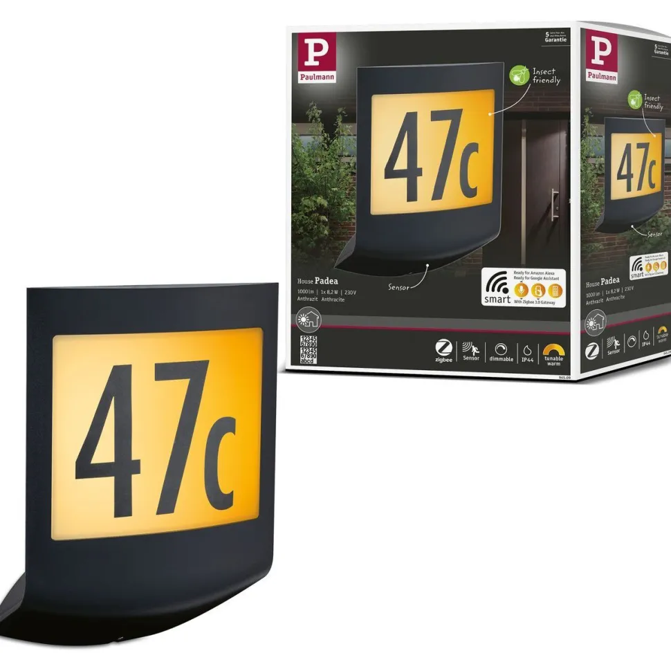 LED-numerovalaisin liike- ja hämärätunnistimella Paulmann Padea, Smart Home Zigbee 3.0, IP44, antrasiitti