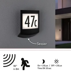 LED-numerovalaisin liike- ja hämärätunnistimella Paulmann Padea, Smart Home Zigbee 3.0, IP44, antrasiitti