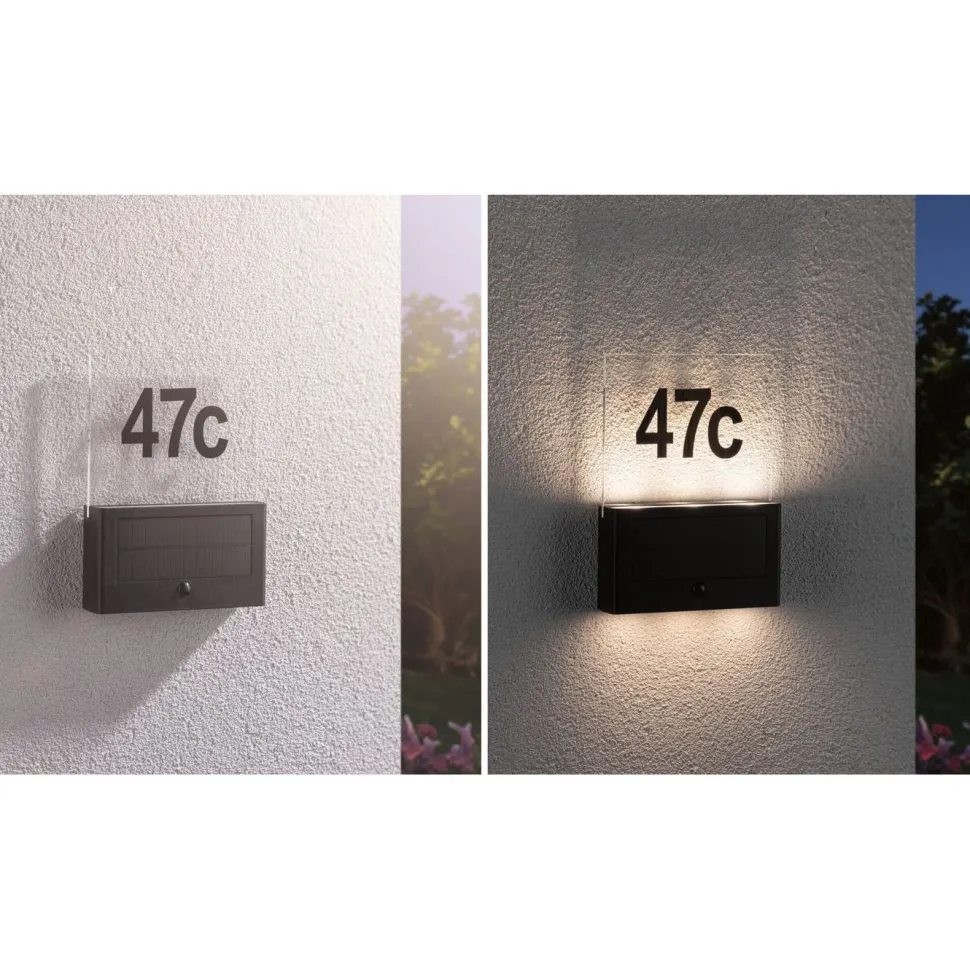 LED-numerovalaisin aurinkokennolla Paulmann Neda, IP44, 3000K, hämärätunnistin, antrasiitti