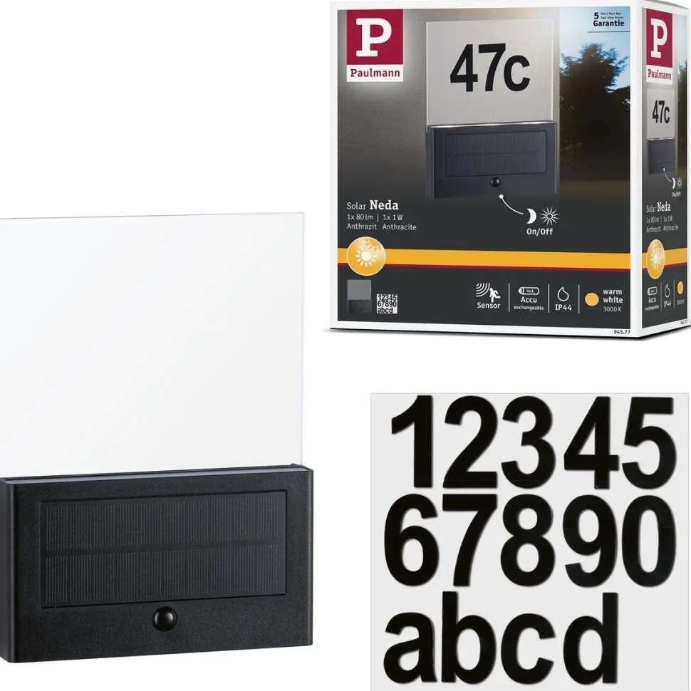 LED-numerovalaisin aurinkokennolla Paulmann Neda, IP44, 3000K, hämärätunnistin, antrasiitti