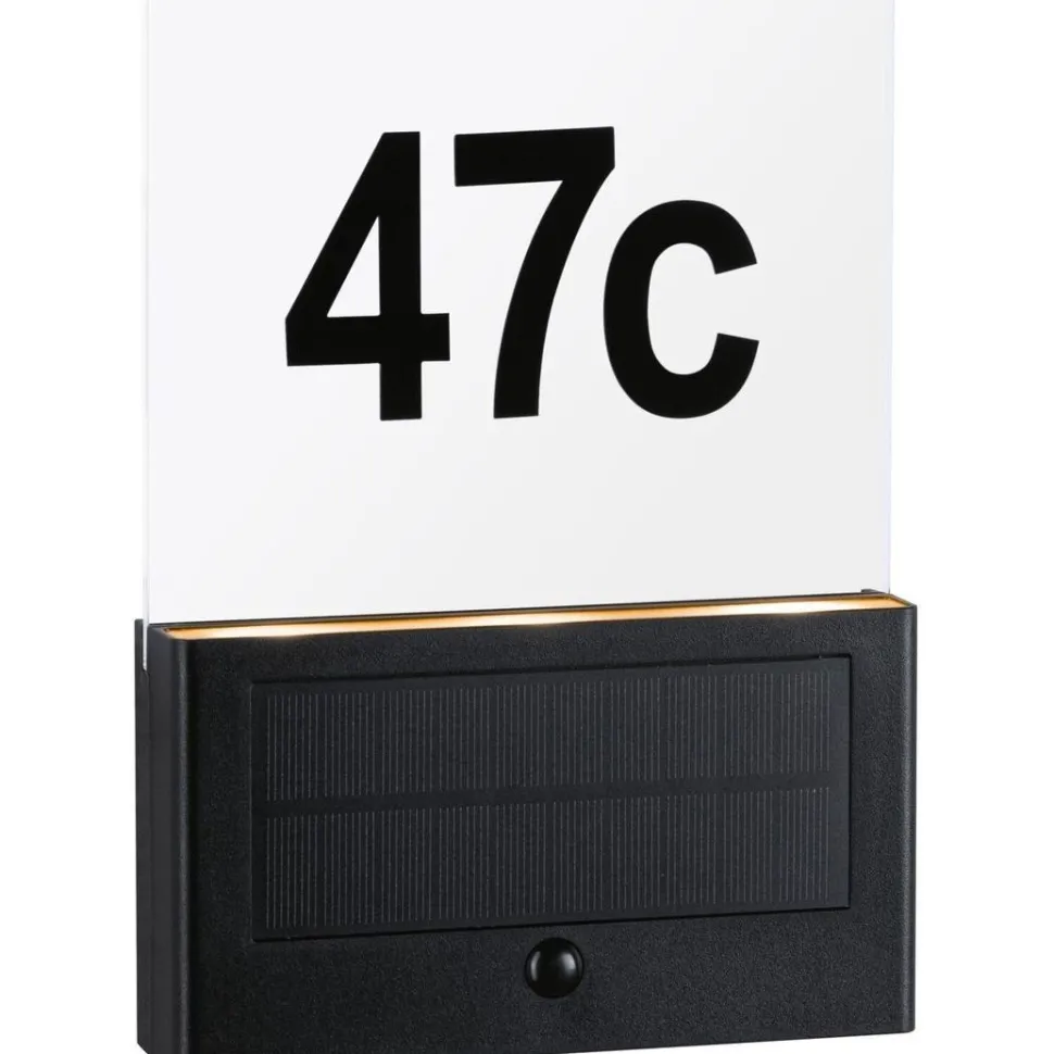 LED-numerovalaisin aurinkokennolla Paulmann Neda, IP44, 2200K, liiketunnistin, antrasiitti