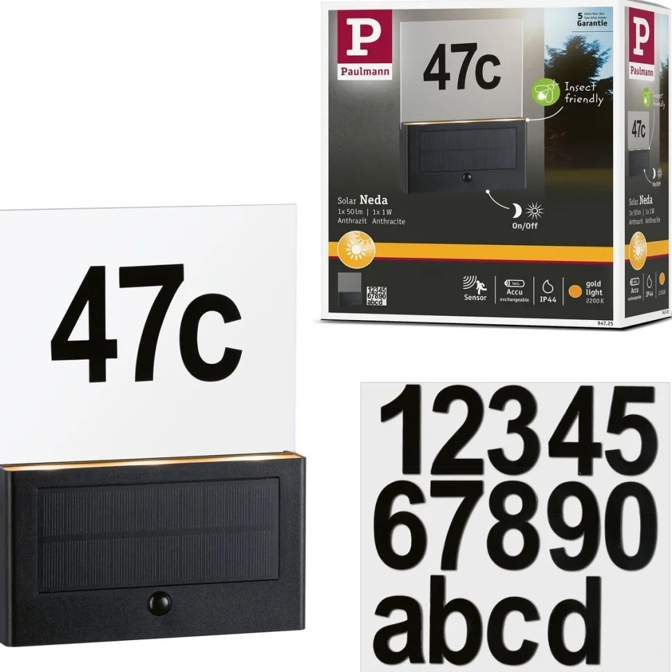 LED-numerovalaisin aurinkokennolla Paulmann Neda, IP44, 2200K, liiketunnistin, antrasiitti