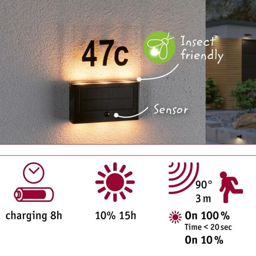 LED-numerovalaisin aurinkokennolla Paulmann Neda, IP44, 2200K, liiketunnistin, antrasiitti