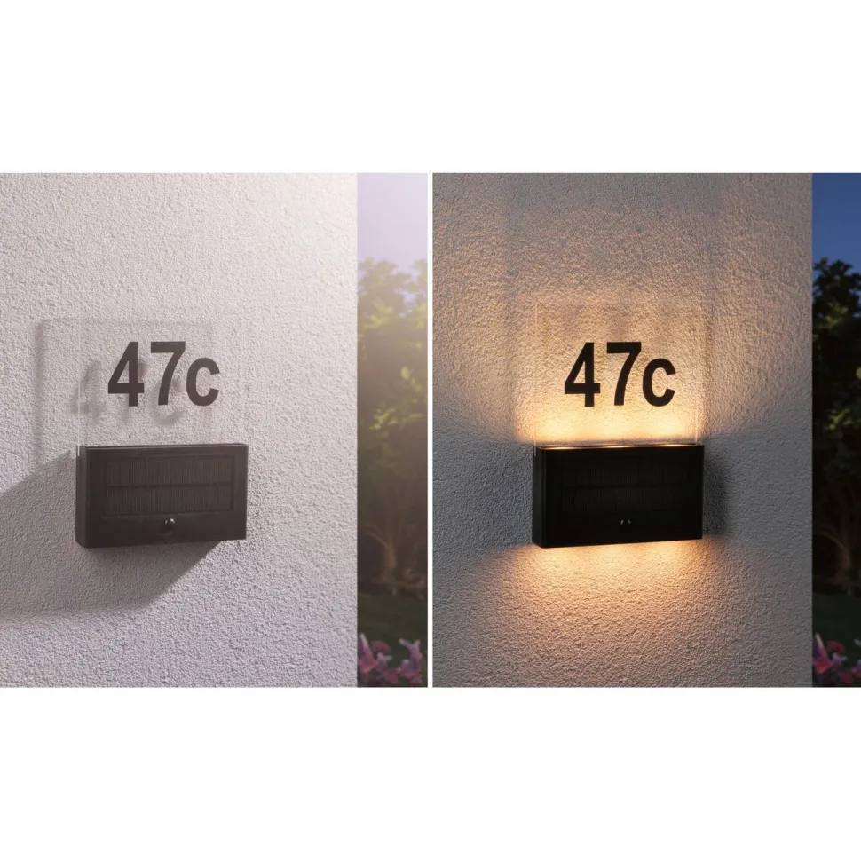 LED-numerovalaisin aurinkokennolla Paulmann Neda, IP44, 2200K, liiketunnistin, antrasiitti