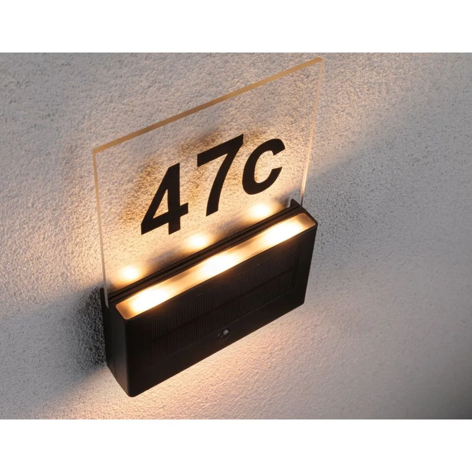 LED-numerovalaisin aurinkokennolla Paulmann Neda, IP44, 2200K, liiketunnistin, antrasiitti