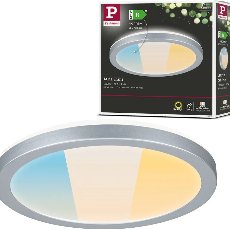 LED-paneeli Paulmann Atria Shine, pyöreä, Ø190mm, IP44, 7.6W, 1100lm, 3000-6500K, puukuvio