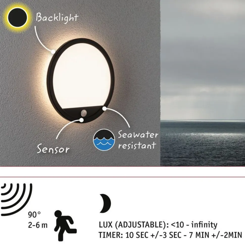 LED-paneeli ulkokäyttöön Paulmann Lamina, IP44, 28cm, 3000K, liiketunnistin, korroosionkestävä, musta