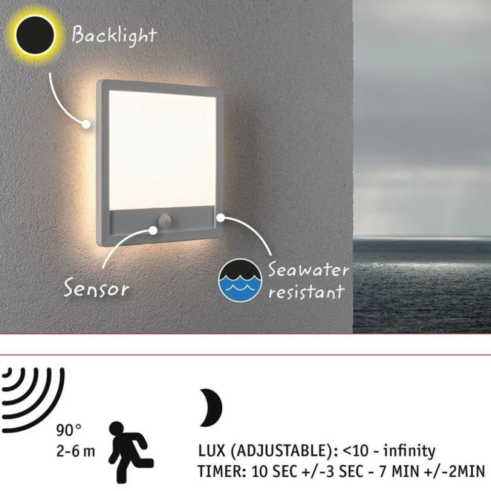 LED-paneeli ulkokäyttöön Paulmann Lamina, IP44, 25x25cm, 3000K, liiketunnistin, korroosionkestävä, valkoinen