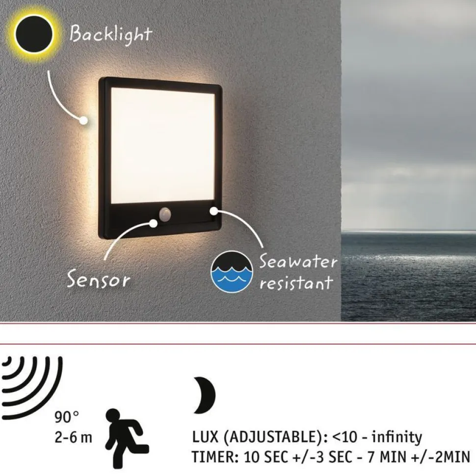 LED-paneeli ulkokäyttöön Paulmann Lamina, IP44, 25x25cm, 3000K, liiketunnistin, korroosionkestävä, valkoinen