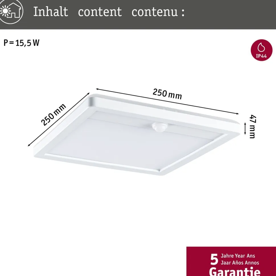LED-paneeli ulkokäyttöön Paulmann Lamina, IP44, 25x25cm, 3000K, liiketunnistin, korroosionkestävä, valkoinen