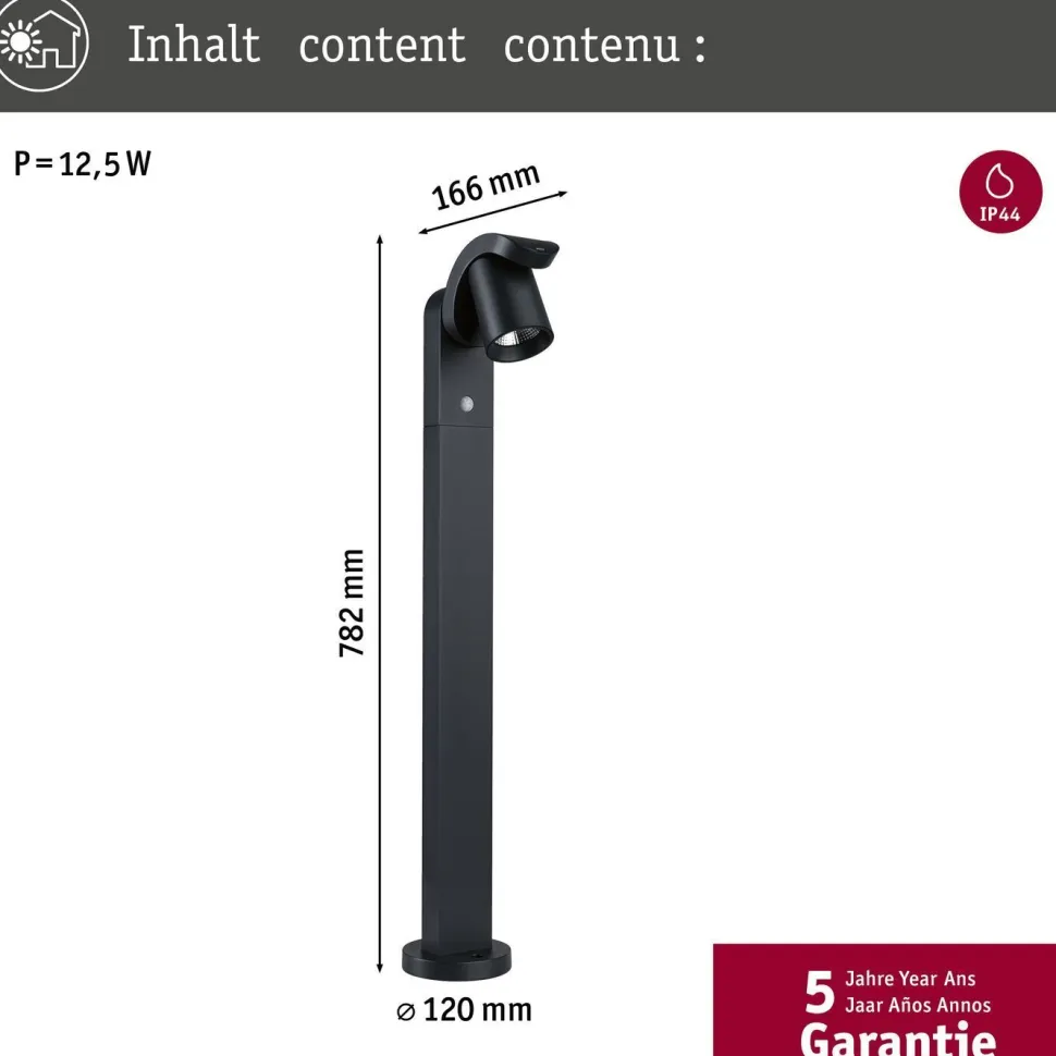 LED-pollarivalaisin liiketunnistimella Paulmann Cuff, 78.2cm, IP44, 3000K, korroosionkestävä, antrasiitti