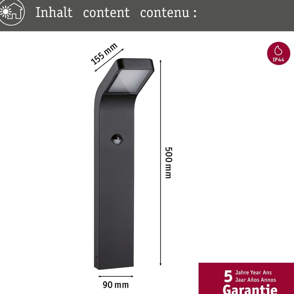 LED-pollarivalaisin liiketunnistimella Paulmann Kulma, 50cm, IP44, 3000K, korroosionkestävä, antrasiitti