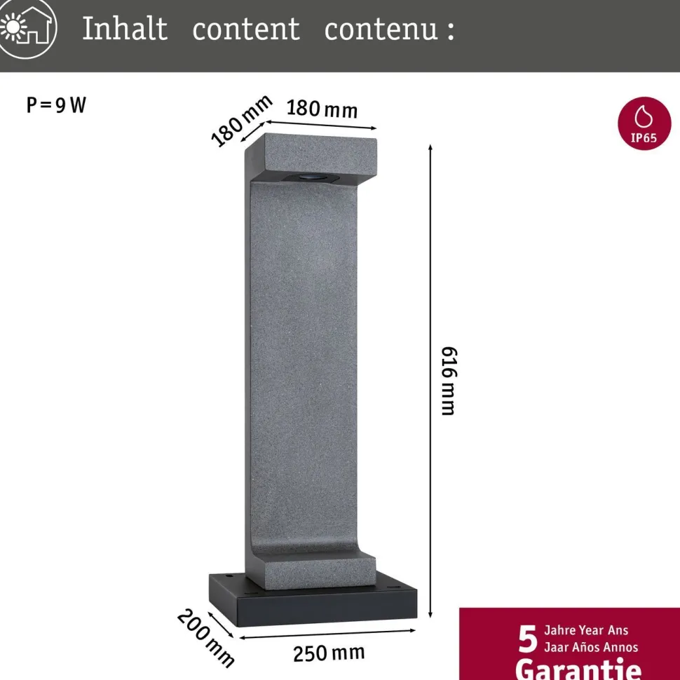 LED-pollarivalaisin Paulmann Concrea, IP65, 61.6cm, 3000K, betoni