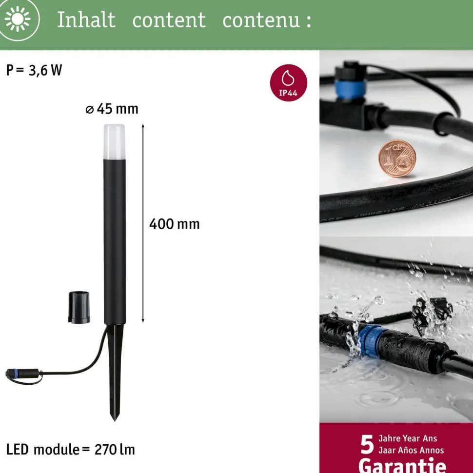 LED-pollarivalaisin Paulmann Plug & Shine Flarea, IP65, 20cm, 3000K, musta