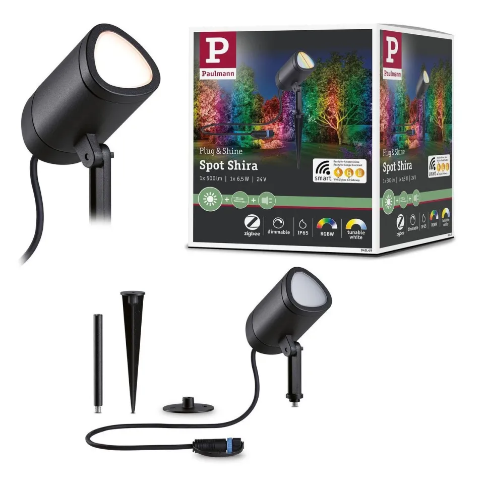 LED-puutarhaspotti Paulmann Plug & Shine Shira, Smart Home Zigbee 3.0, IP65, RGBW+, antrasiitti