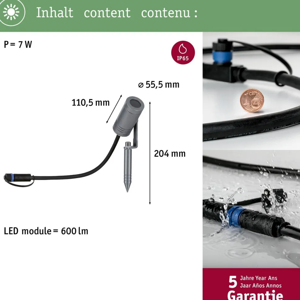 LED-puutarhaspotti Paulmann Plug & Shine Radix, IP65, 3000K, 6W, harmaa