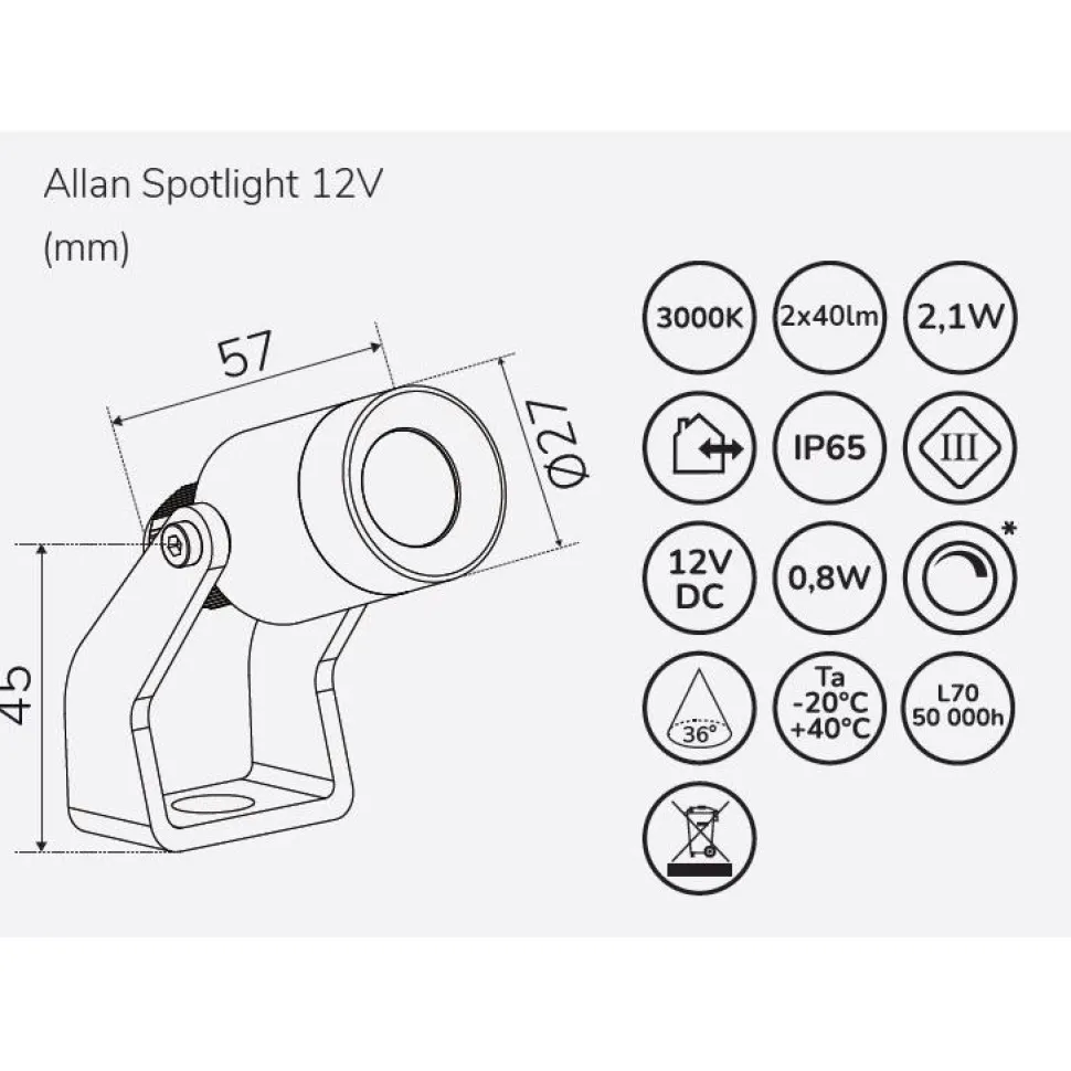 LED-puutarhaspotti Llitt Allan Spotlight alumiini 2 kpl/pkt