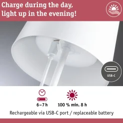 LED-pöytävalaisin Paulmann Gilo 35cm USB-ladattava IP44 2700K himmennettävä valkoinen