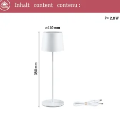 LED-pöytävalaisin Paulmann Gilo 35cm USB-ladattava IP44 2700K himmennettävä valkoinen