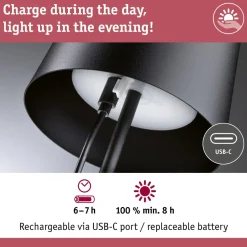 LED-pöytävalaisin Paulmann Gilo 35cm USB-ladattava IP44 2700K himmennettävä valkoinen