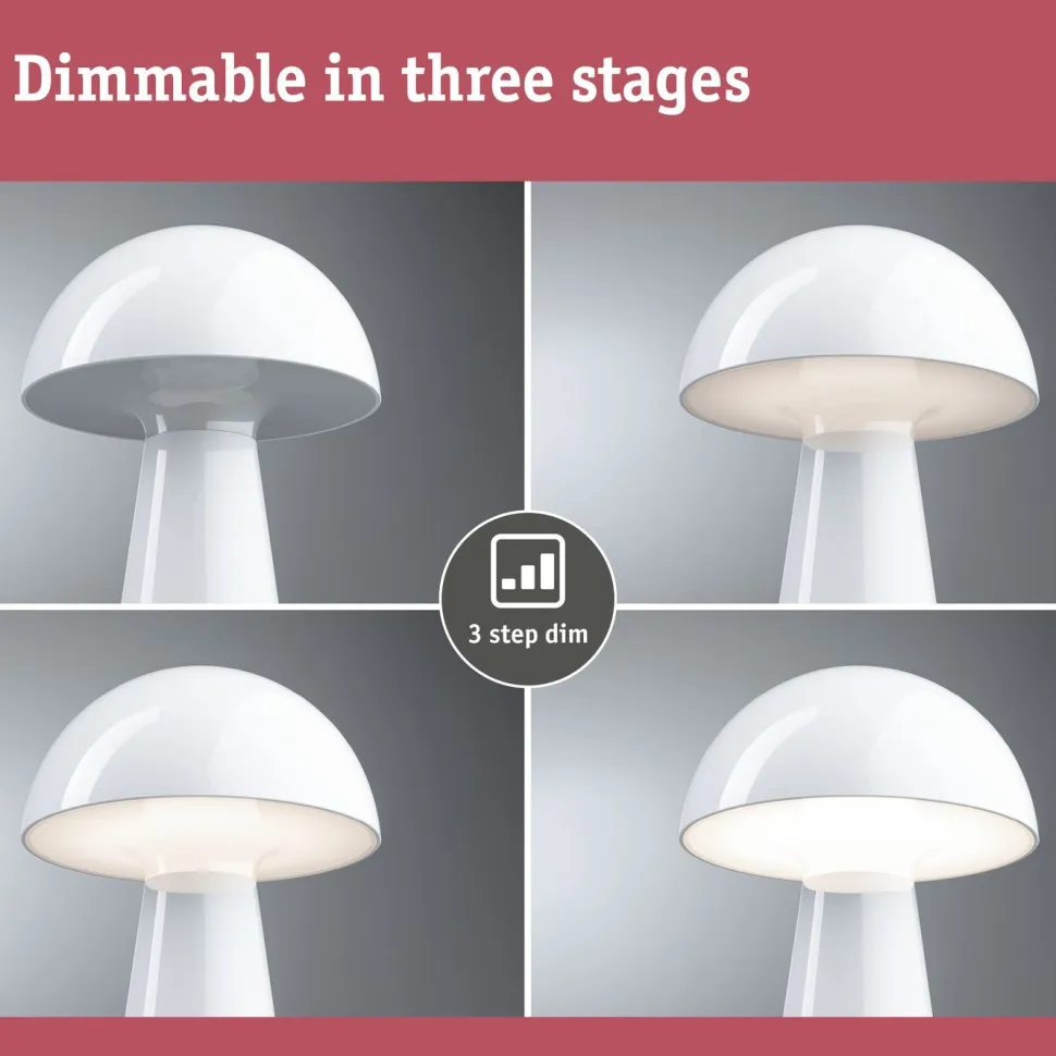 LED-pöytävalaisin Paulmann Onzo 28cm USB-ladattava 2700K IP44 3-Step-Dim himmennettävä valkoinen