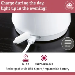 LED-pöytävalaisin Paulmann Onzo 28cm USB-ladattava 2700K IP44 3-Step-Dim himmennettävä valkoinen