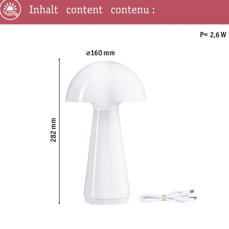 LED-pöytävalaisin Paulmann Onzo 28cm USB-ladattava 2700K IP44 3-Step-Dim himmennettävä valkoinen