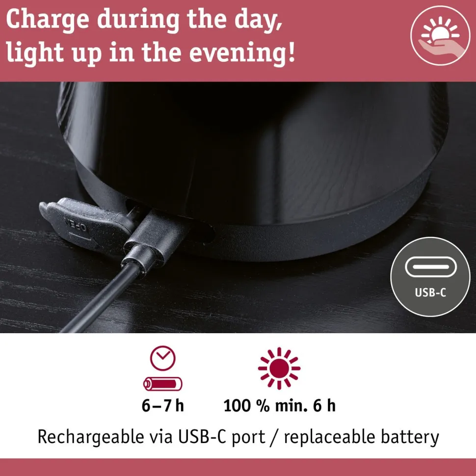 LED-pöytävalaisin Paulmann Onzo 28cm USB-ladattava 2700K IP44 3-Step-Dim himmennettävä valkoinen