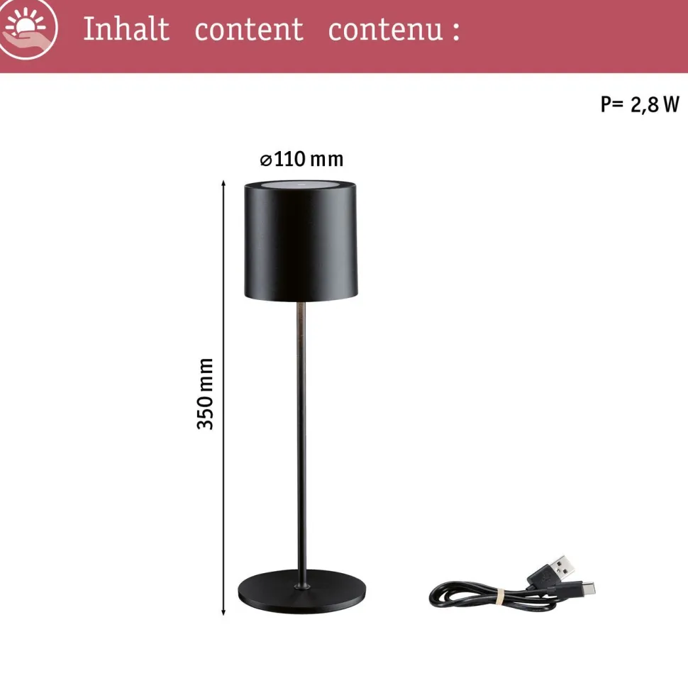 LED-pöytävalaisin Paulmann Tuni 35cm USB-ladattava 2700K IP44 himmennettävä mattamusta
