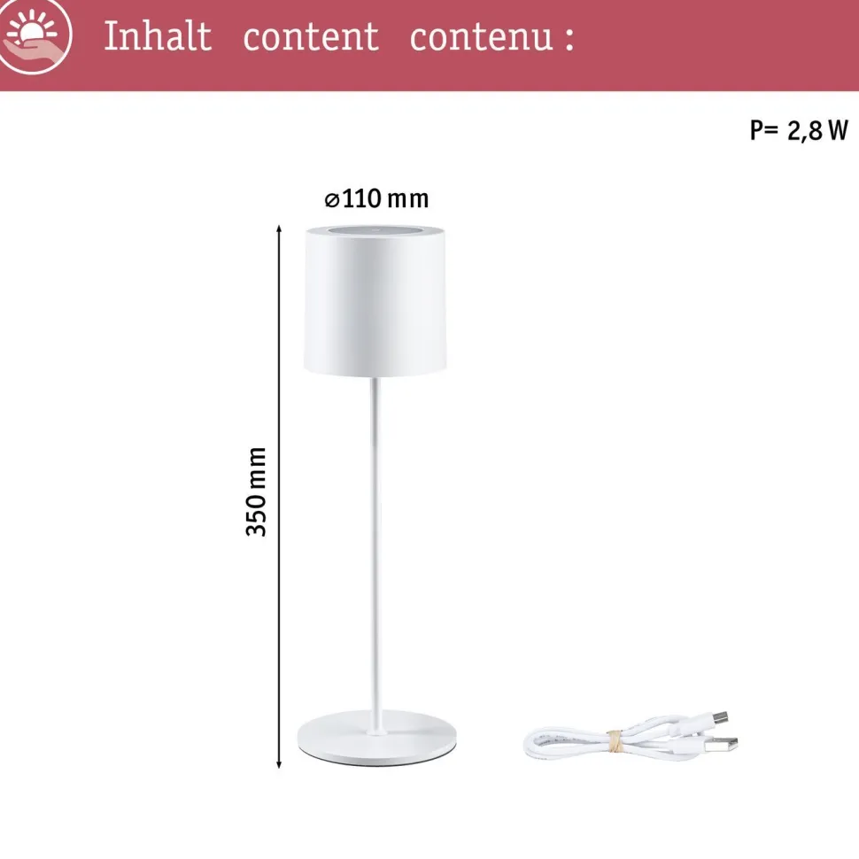 LED-pöytävalaisin Paulmann Tuni 35cm USB-ladattava 2700K IP44 himmennettävä mattamusta