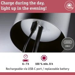 LED-pöytävalaisin Paulmann Tuni 35cm USB-ladattava 2700K IP44 himmennettävä mattamusta