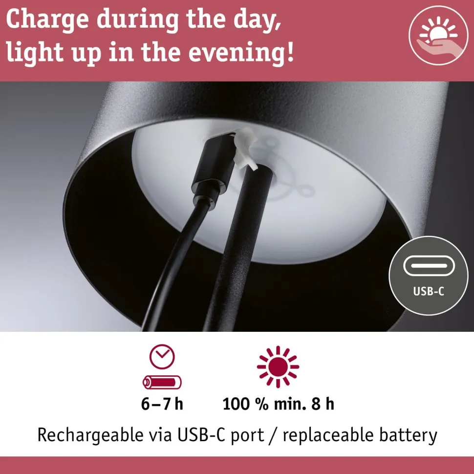 LED-pöytävalaisin Paulmann Tuni 35cm USB-ladattava 2700K IP44 himmennettävä mattamusta