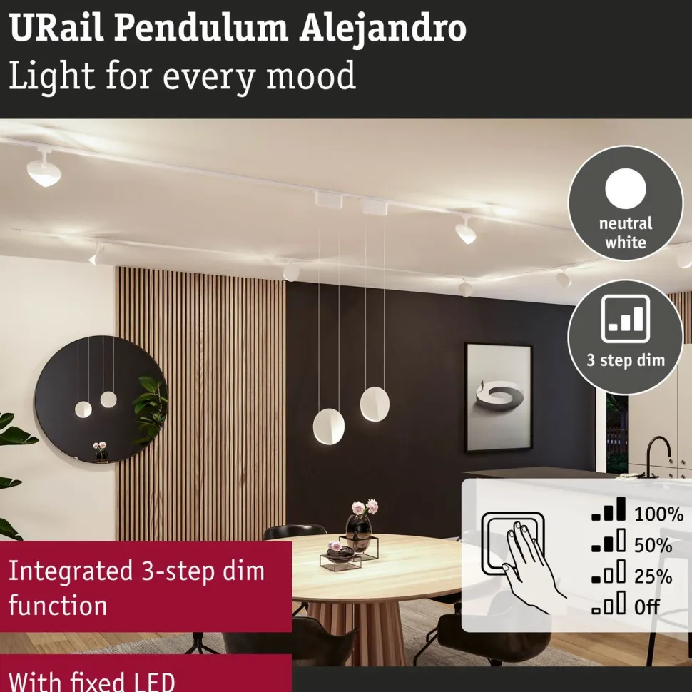 LED-riippuvalaisin Paulmann URail Alejandro 800lm 10W 4000K 3-Step-Dim himmennettävä valkoinen