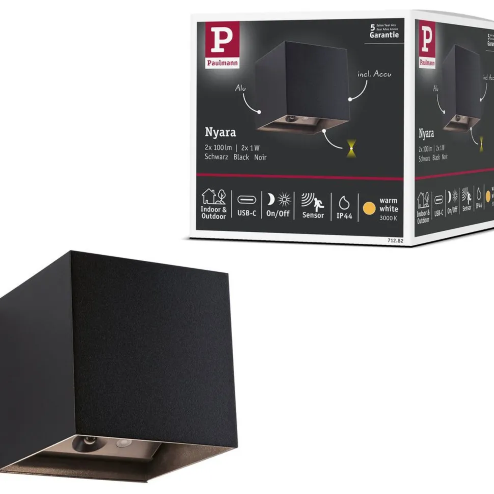 LED-seinävalaisin Paulmann Nyara, IP44, 3000K, 100x100mm, 2x1W / 1W, akkukäyttöinen, hämäräohjattu liiketunnistin (HF), valkoinen