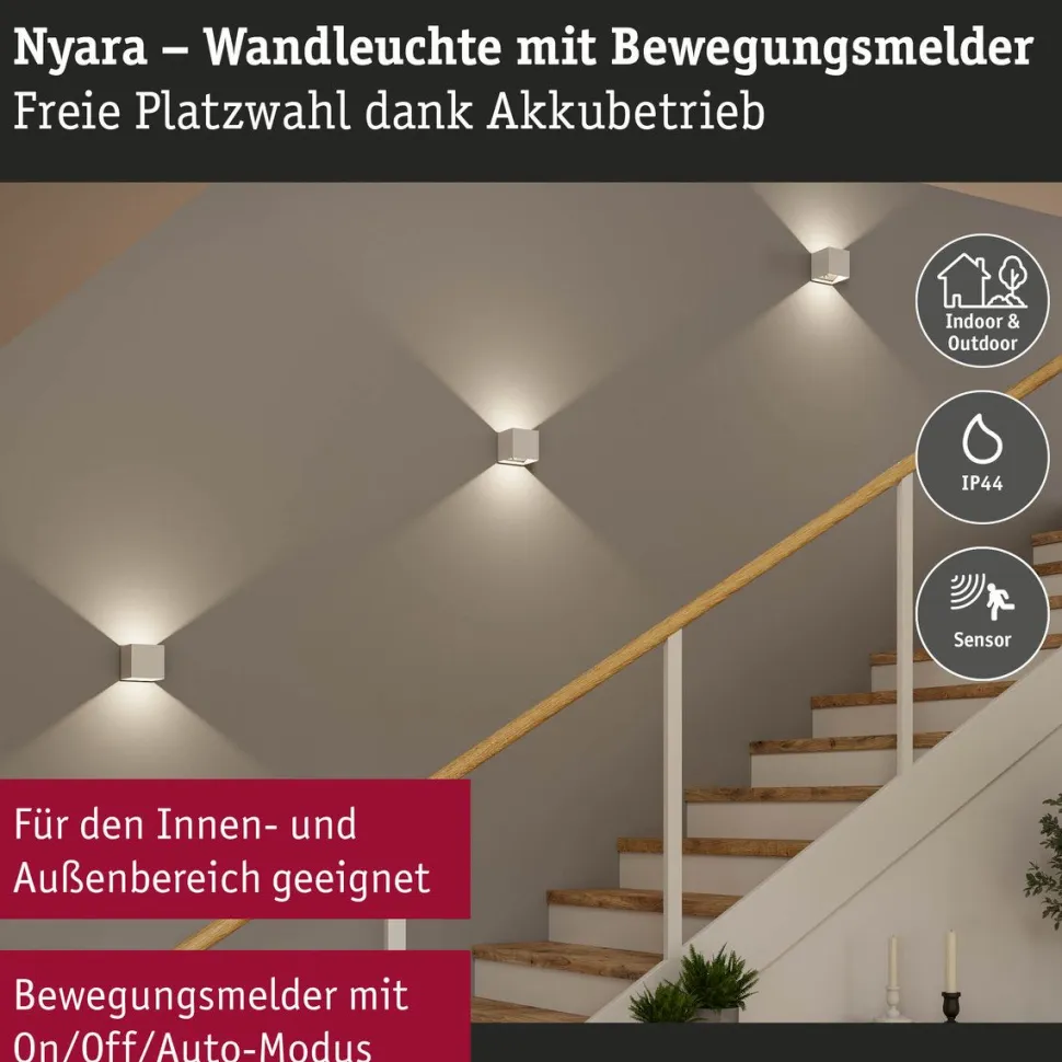 LED-seinävalaisin Paulmann Nyara, IP44, 3000K, 100x100mm, 2x1W / 1W, akkukäyttöinen, hämäräohjattu liiketunnistin (HF), valkoinen
