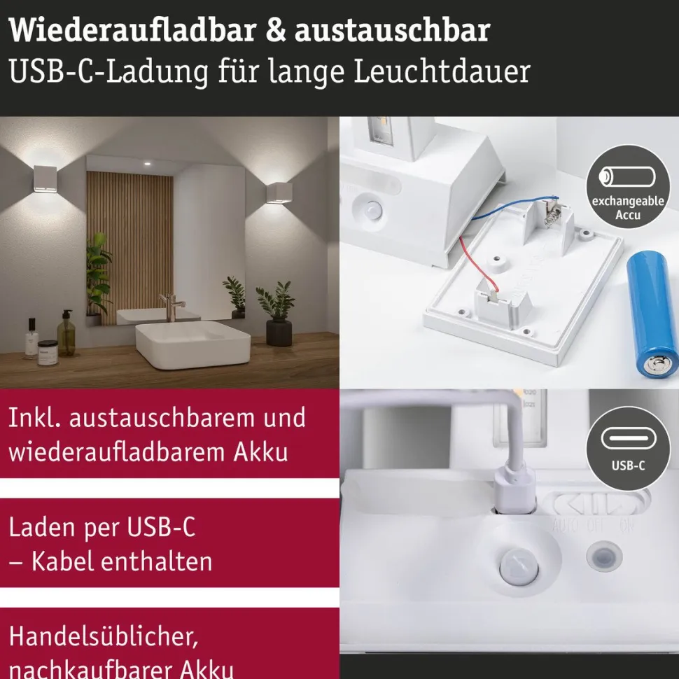 LED-seinävalaisin Paulmann Nyara, IP44, 3000K, 100x100mm, 2x1W / 1W, akkukäyttöinen, hämäräohjattu liiketunnistin (HF), valkoinen
