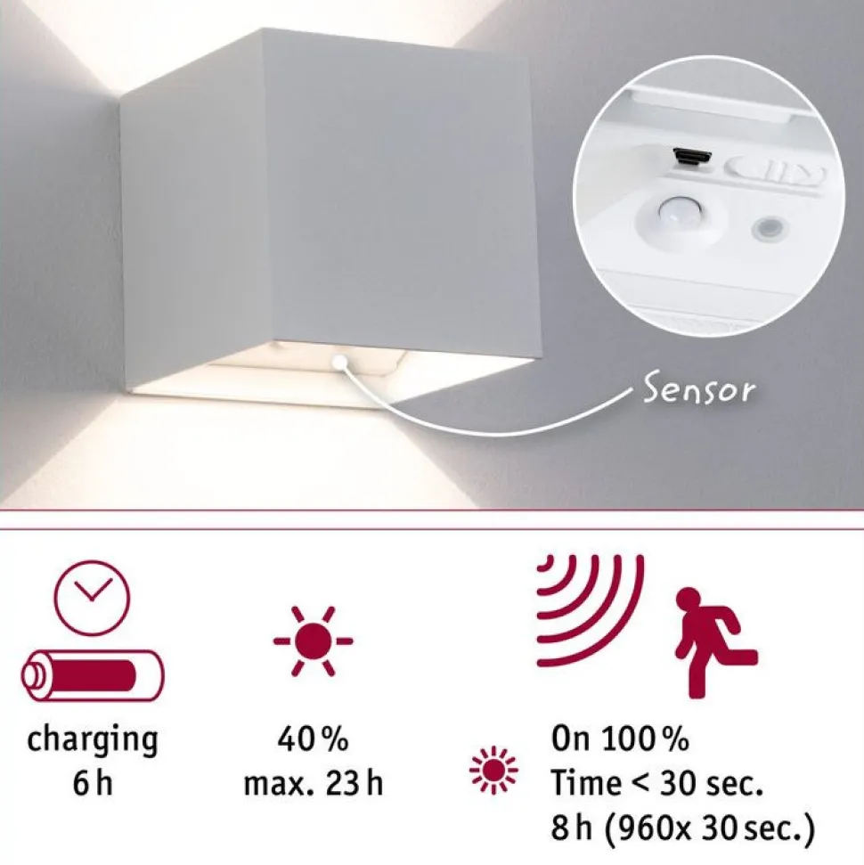 LED-seinävalaisin Paulmann Nyara, IP44, 3000K, 100x100mm, 2x1W / 1W, akkukäyttöinen, hämäräohjattu liiketunnistin (HF), valkoinen