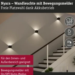 LED-seinävalaisin Paulmann Nyara, IP44, 3000K, 100x100mm, 2x1W / 1W, akkukäyttöinen, hämäräohjattu liiketunnistin (HF), valkoinen