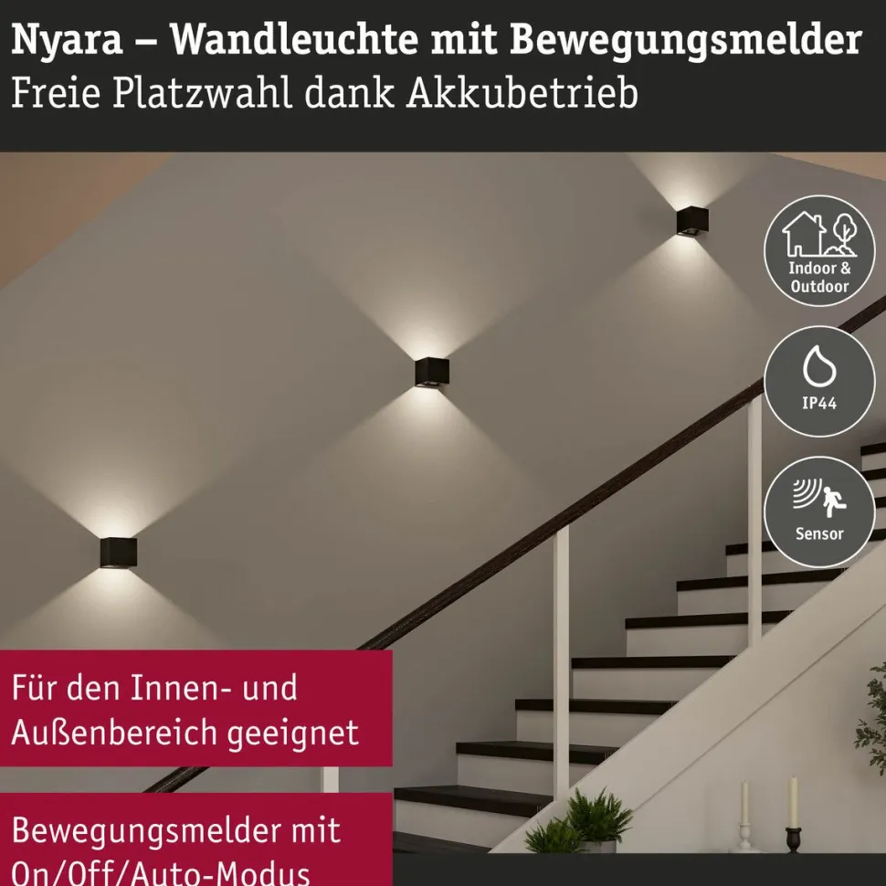LED-seinävalaisin Paulmann Nyara, IP44, 3000K, 100x100mm, 2x1W / 1W, akkukäyttöinen, hämäräohjattu liiketunnistin (HF), valkoinen