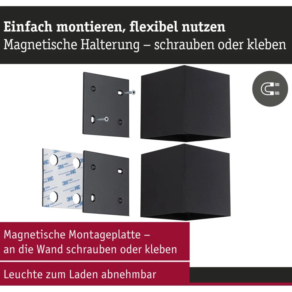 LED-seinävalaisin Paulmann Nyara, IP44, 3000K, 100x100mm, 2x1W / 1W, akkukäyttöinen, hämäräohjattu liiketunnistin (HF), valkoinen
