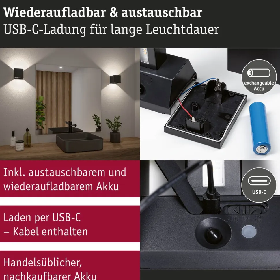 LED-seinävalaisin Paulmann Nyara, IP44, 3000K, 100x100mm, 2x1W / 1W, akkukäyttöinen, hämäräohjattu liiketunnistin (HF), valkoinen