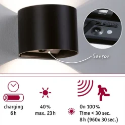 LED-seinävalaisin Paulmann Nyora, IP44, 3000K, 135x120mm, 2x1W / 1W, akkukäyttöinen, hämäräohjattu liiketunnistin (HF), valkoinen