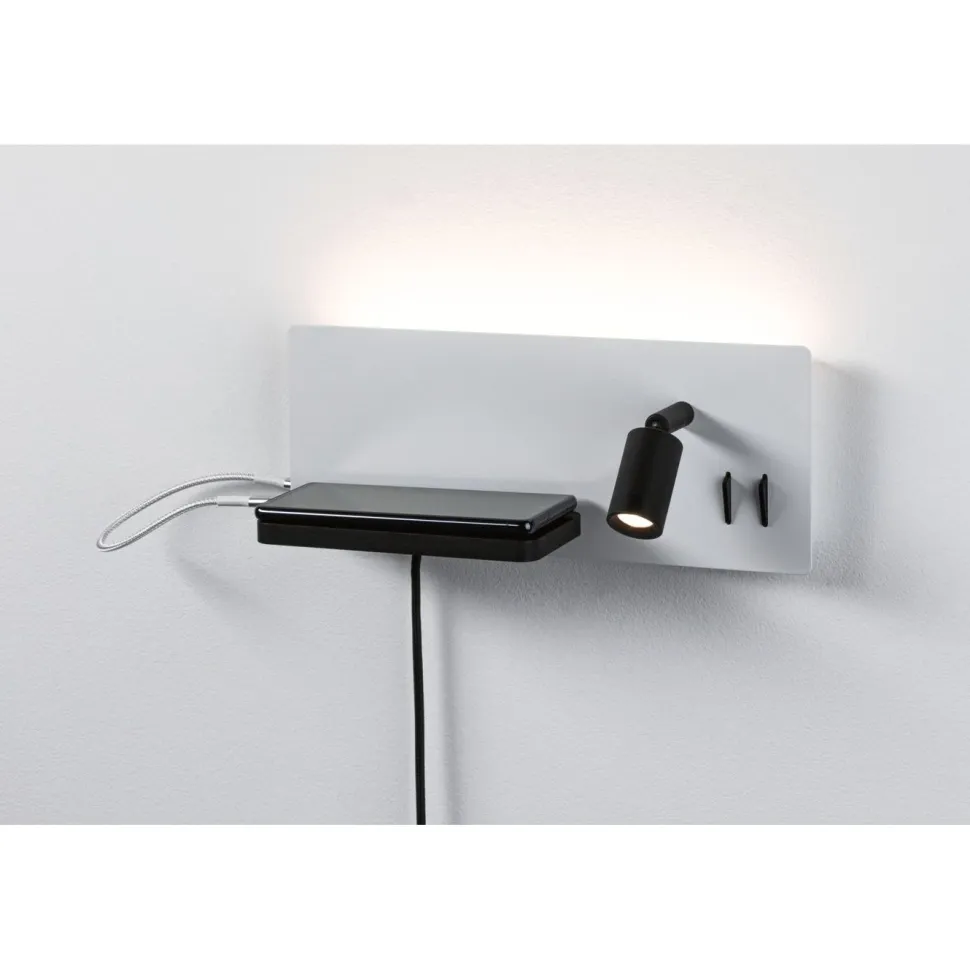 LED-seinävalaisin Paulmann Serra Left, USB C, 2700K, himmennettävä, mattavalkoinen/mattamusta