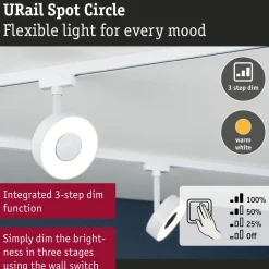 LED-spottivalaisin kiskoon Paulmann URail Circle Ø100mm 3-Step-Dim 210lm 5W 3000K himmennettävä signaalivalkoinen