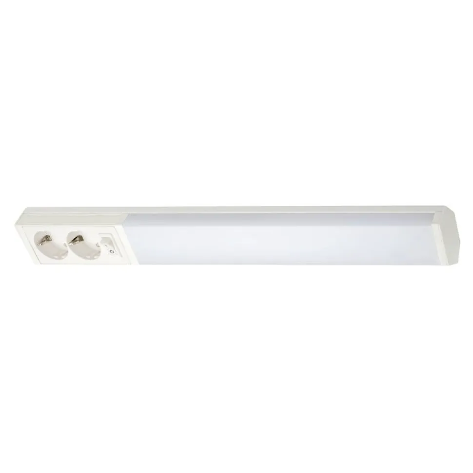 LED-työpistevalaisin Airam Handy 550, 8W/830/840, 550x74mm, 2-osainen pistorasia+kytkin, IP21, valkoinen/opaali