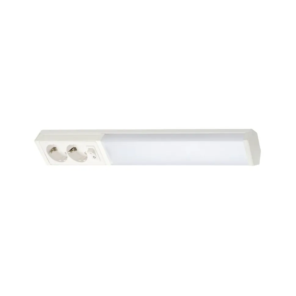 LED-työpistevalaisin Airam Handy 450, 5W/830/840, 450x74mm, 2-osainen pistorasia+kytkin, IP21, valkoinen/opaali