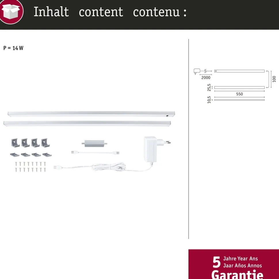 LED-työpistevalaisin Paulmann Inline 350x26mm 3000K 4W 350lm himmennettävä liiketunnistin aloitussarja mattakromi, 2kpl/pkt