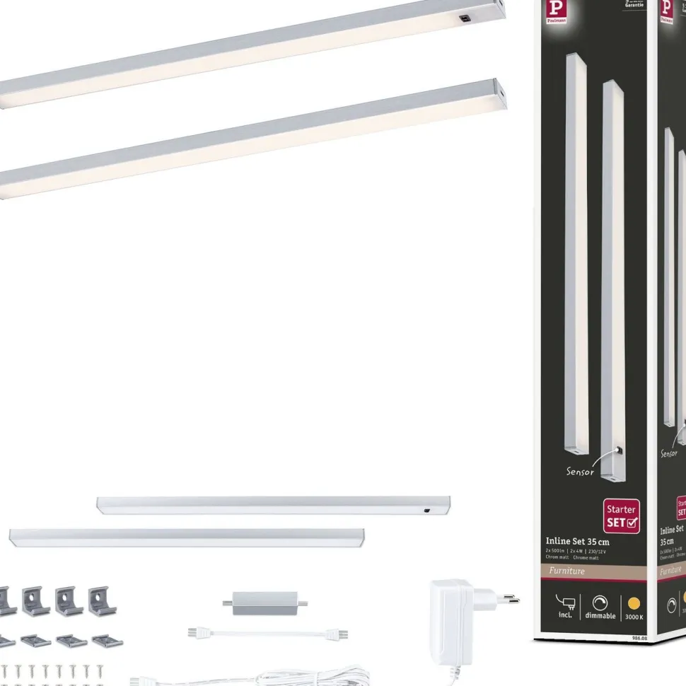 LED-työpistevalaisin Paulmann Inline 350x26mm 3000K 4W 350lm himmennettävä liiketunnistin aloitussarja mattakromi, 2kpl/pkt