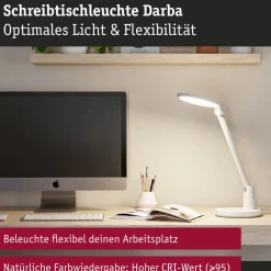 LED-työpöytävalaisin Paulmann Darba, 42.5cm, 4000K, 1150lm, 15W, mattavalkoinen
