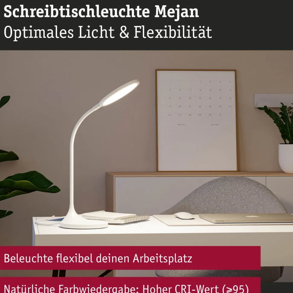 LED-työpöytävalaisin Paulmann Mejan, 60.4cm, 4000K, 1200lm, 15W, mattavalkoinen